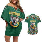 Custom Australia Rugby Couples Matching Off Shoulder Short Dress and Hawaiian Shirt Koala Mascot Aboriginal Pattern