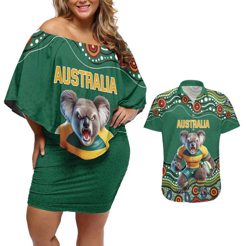 Custom Australia Rugby Couples Matching Off Shoulder Short Dress and Hawaiian Shirt Koala Mascot Aboriginal Pattern