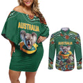 Custom Australia Rugby Couples Matching Off Shoulder Short Dress and Long Sleeve Button Shirt Koala Mascot Aboriginal Pattern