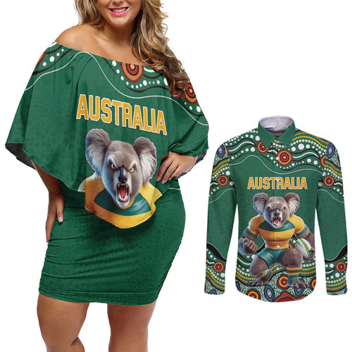 Custom Australia Rugby Couples Matching Off Shoulder Short Dress and Long Sleeve Button Shirt Koala Mascot Aboriginal Pattern