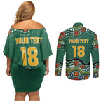 Custom Australia Rugby Couples Matching Off Shoulder Short Dress and Long Sleeve Button Shirt Koala Mascot Aboriginal Pattern