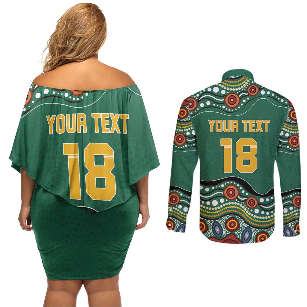 Custom Australia Rugby Couples Matching Off Shoulder Short Dress and Long Sleeve Button Shirt Koala Mascot Aboriginal Pattern