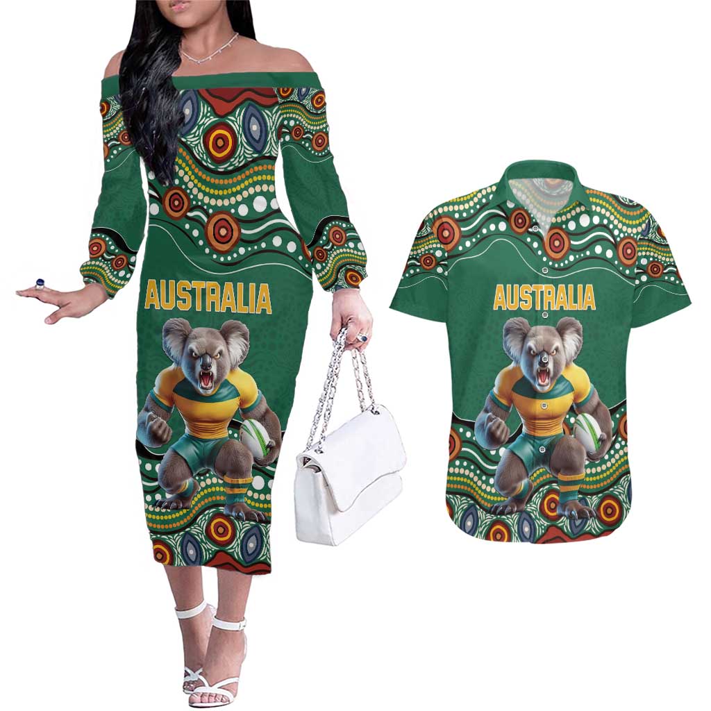Custom Australia Rugby Couples Matching Off The Shoulder Long Sleeve Dress and Hawaiian Shirt Koala Mascot Aboriginal Pattern