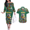 Custom Australia Rugby Couples Matching Off The Shoulder Long Sleeve Dress and Hawaiian Shirt Koala Mascot Aboriginal Pattern