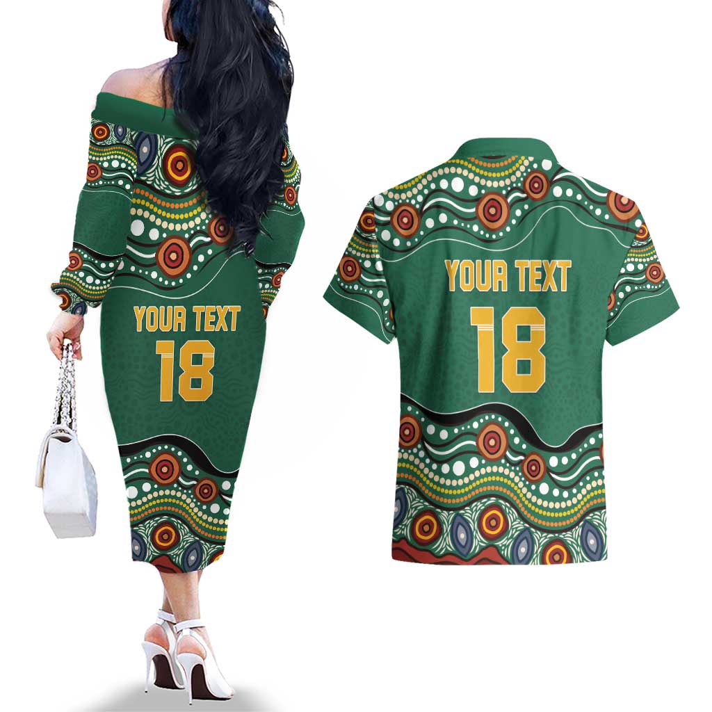 Custom Australia Rugby Couples Matching Off The Shoulder Long Sleeve Dress and Hawaiian Shirt Koala Mascot Aboriginal Pattern