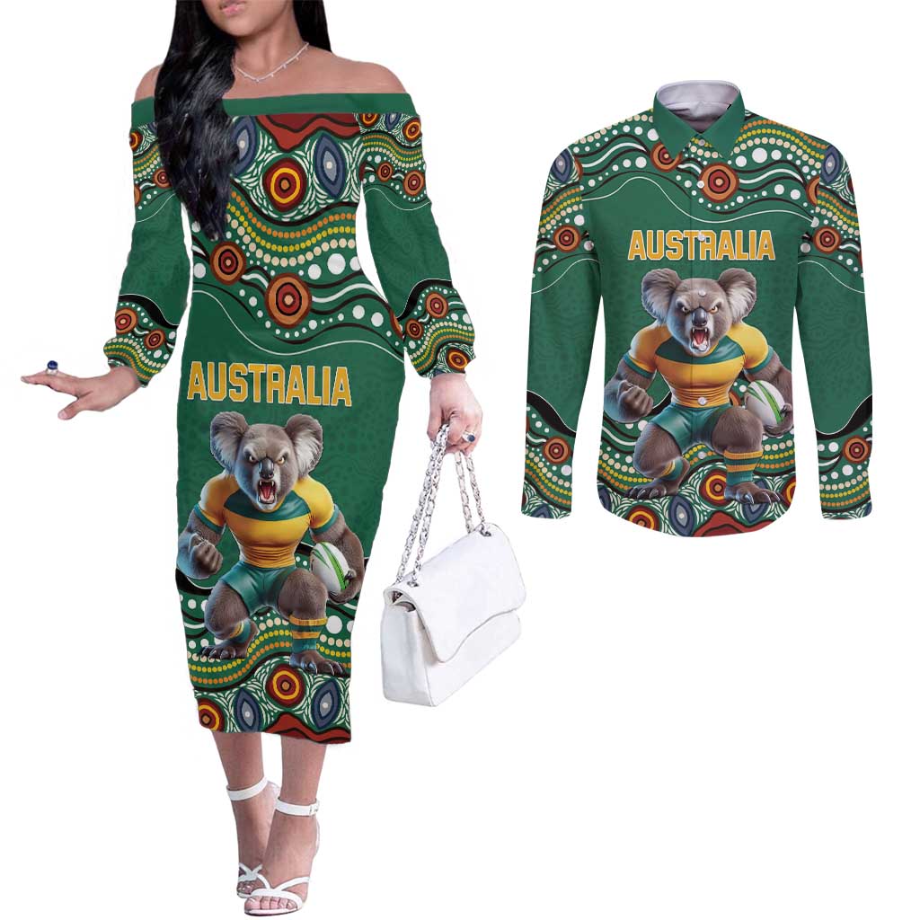 Custom Australia Rugby Couples Matching Off The Shoulder Long Sleeve Dress and Long Sleeve Button Shirt Koala Mascot Aboriginal Pattern