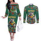 Custom Australia Rugby Couples Matching Off The Shoulder Long Sleeve Dress and Long Sleeve Button Shirt Koala Mascot Aboriginal Pattern