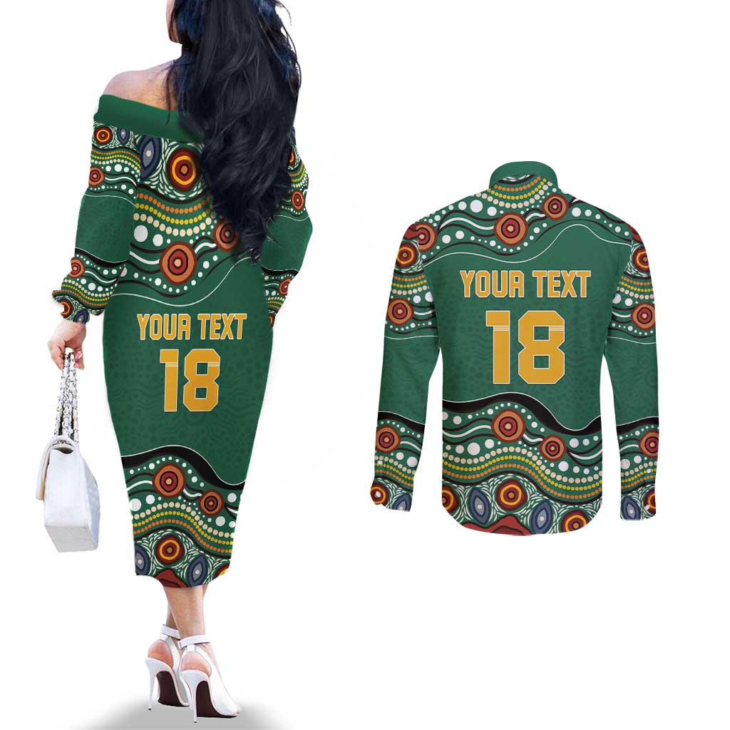 Custom Australia Rugby Couples Matching Off The Shoulder Long Sleeve Dress and Long Sleeve Button Shirt Koala Mascot Aboriginal Pattern
