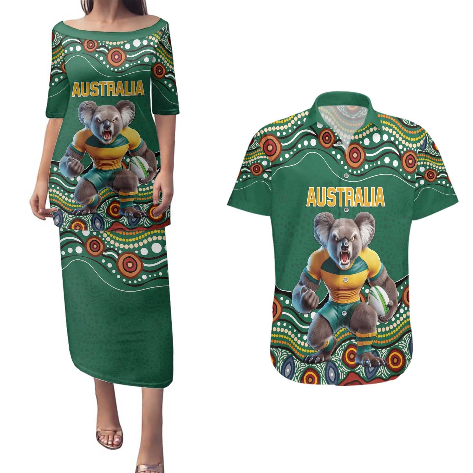 Custom Australia Rugby Couples Matching Puletasi and Hawaiian Shirt Koala Mascot Aboriginal Pattern