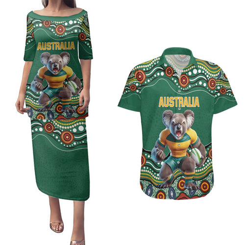 Custom Australia Rugby Couples Matching Puletasi and Hawaiian Shirt Koala Mascot Aboriginal Pattern