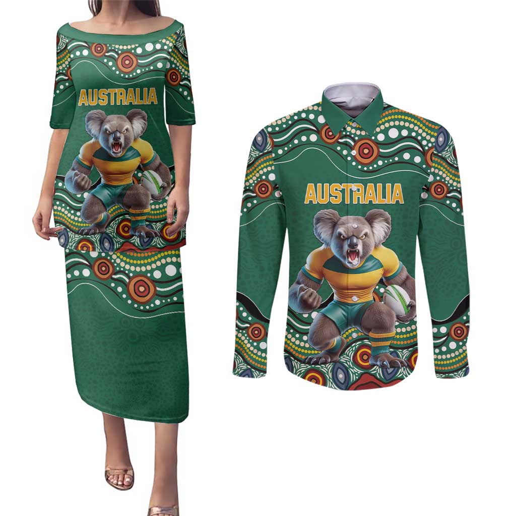 Custom Australia Rugby Couples Matching Puletasi and Long Sleeve Button Shirt Koala Mascot Aboriginal Pattern