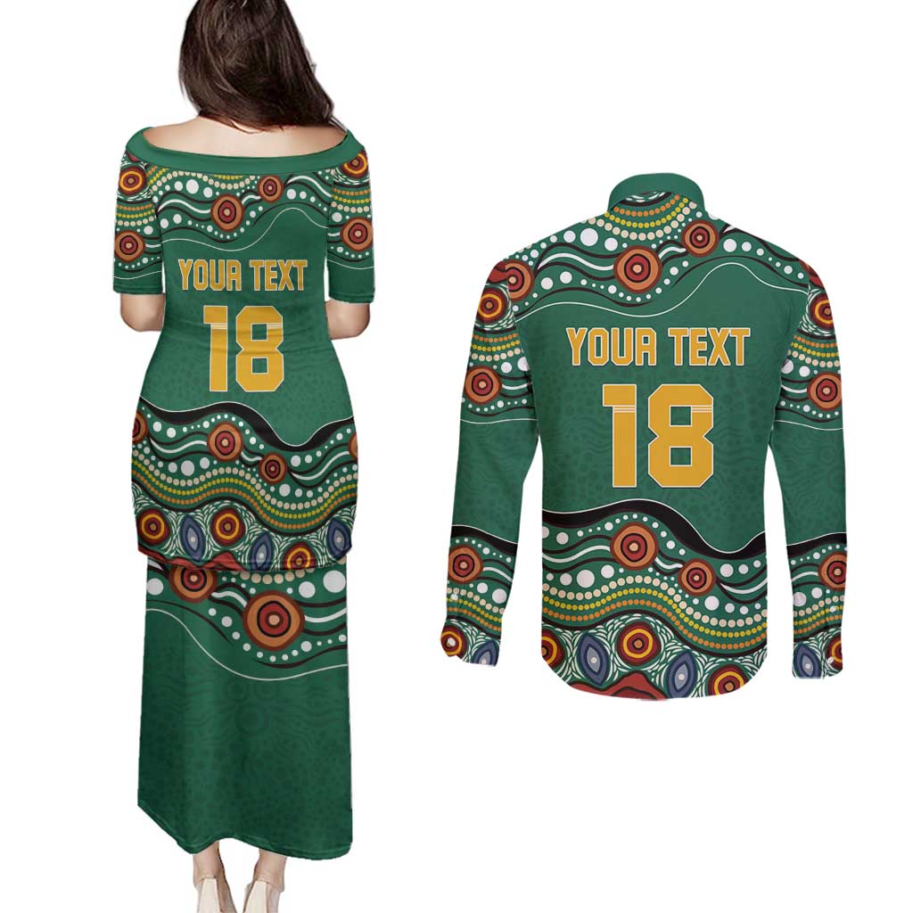Custom Australia Rugby Couples Matching Puletasi and Long Sleeve Button Shirt Koala Mascot Aboriginal Pattern