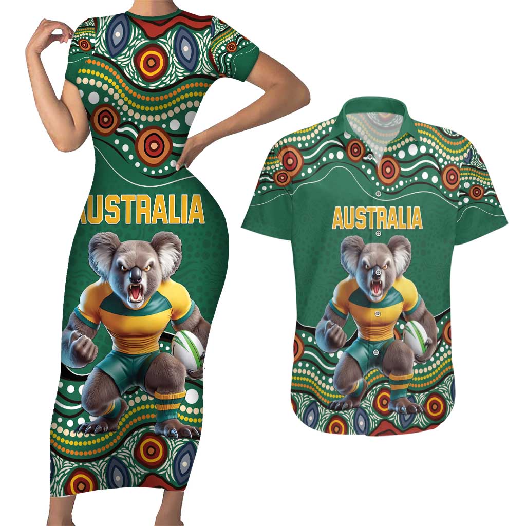 Custom Australia Rugby Couples Matching Short Sleeve Bodycon Dress and Hawaiian Shirt Koala Mascot Aboriginal Pattern