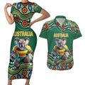 Custom Australia Rugby Couples Matching Short Sleeve Bodycon Dress and Hawaiian Shirt Koala Mascot Aboriginal Pattern