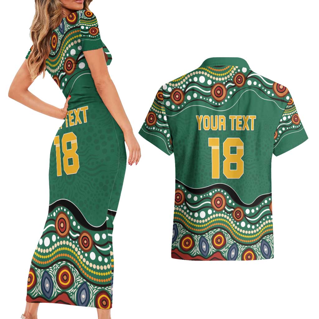Custom Australia Rugby Couples Matching Short Sleeve Bodycon Dress and Hawaiian Shirt Koala Mascot Aboriginal Pattern
