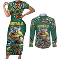 Custom Australia Rugby Couples Matching Short Sleeve Bodycon Dress and Long Sleeve Button Shirt Koala Mascot Aboriginal Pattern