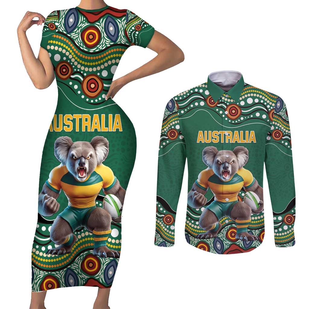 Custom Australia Rugby Couples Matching Short Sleeve Bodycon Dress and Long Sleeve Button Shirt Koala Mascot Aboriginal Pattern