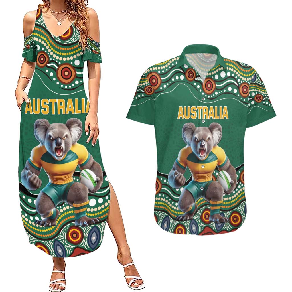 Custom Australia Rugby Couples Matching Summer Maxi Dress and Hawaiian Shirt Koala Mascot Aboriginal Pattern