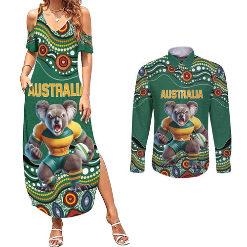 Custom Australia Rugby Couples Matching Summer Maxi Dress and Long Sleeve Button Shirt Koala Mascot Aboriginal Pattern
