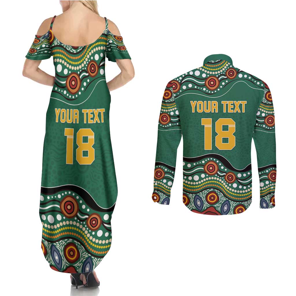 Custom Australia Rugby Couples Matching Summer Maxi Dress and Long Sleeve Button Shirt Koala Mascot Aboriginal Pattern