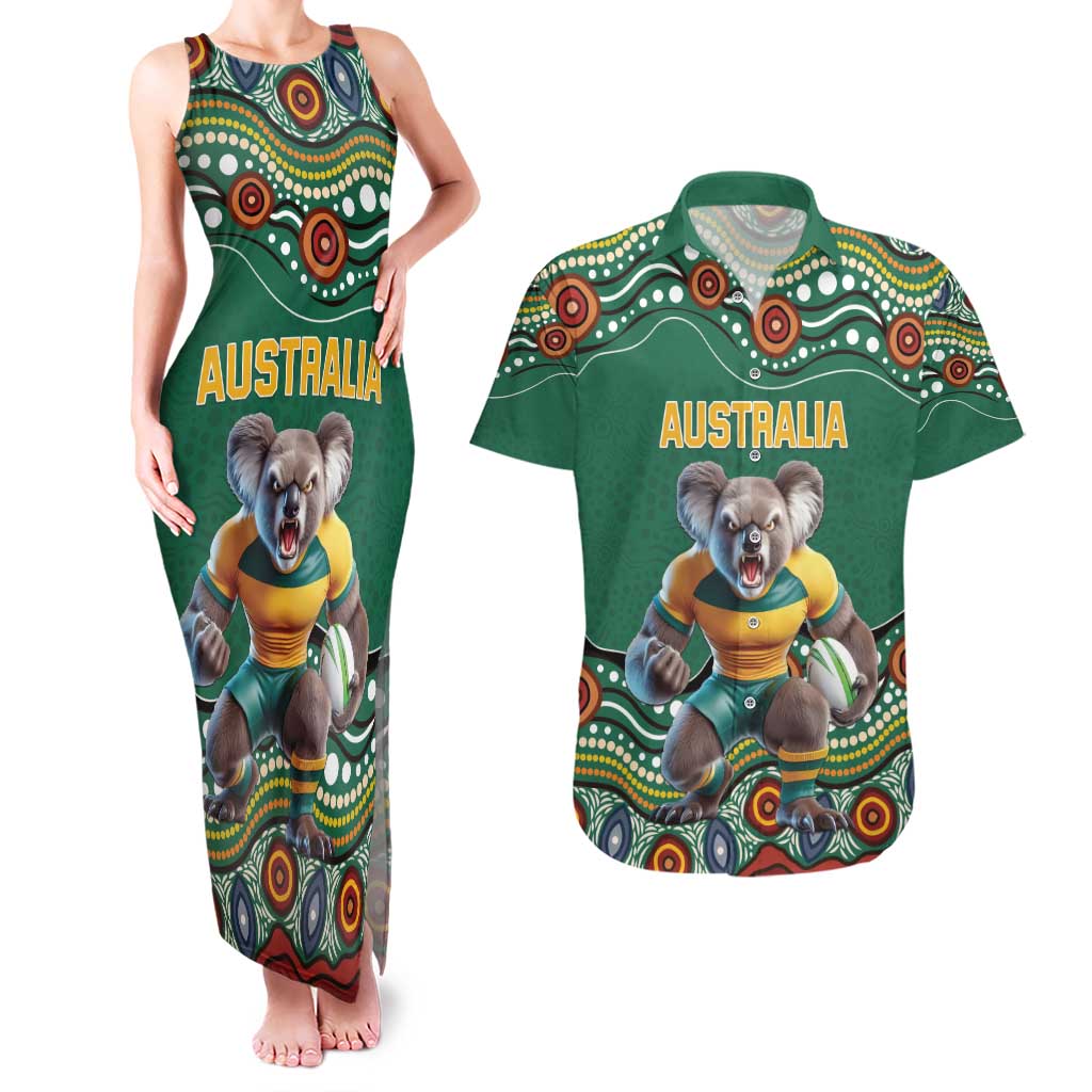 Custom Australia Rugby Couples Matching Tank Maxi Dress and Hawaiian Shirt Koala Mascot Aboriginal Pattern