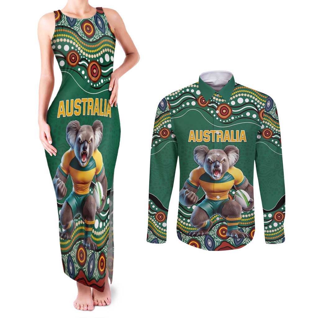 Custom Australia Rugby Couples Matching Tank Maxi Dress and Long Sleeve Button Shirt Koala Mascot Aboriginal Pattern