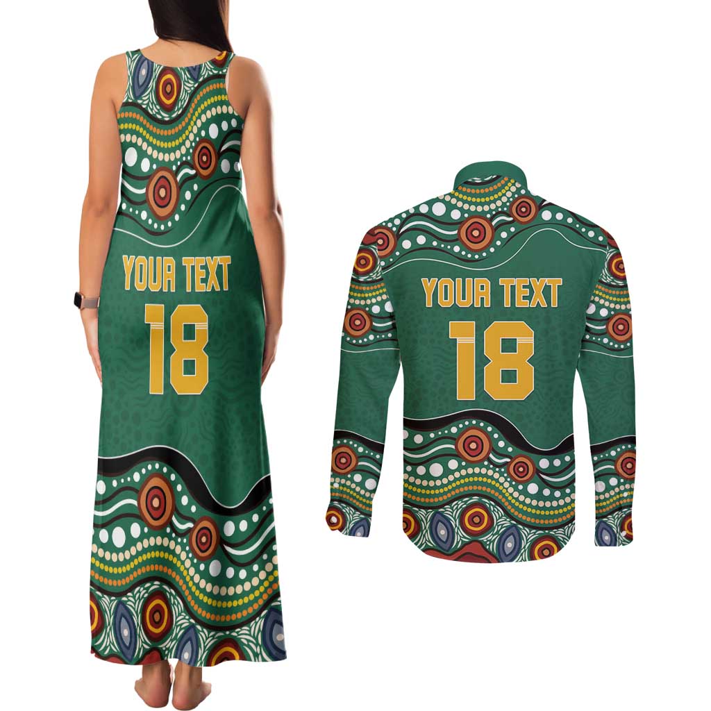Custom Australia Rugby Couples Matching Tank Maxi Dress and Long Sleeve Button Shirt Koala Mascot Aboriginal Pattern