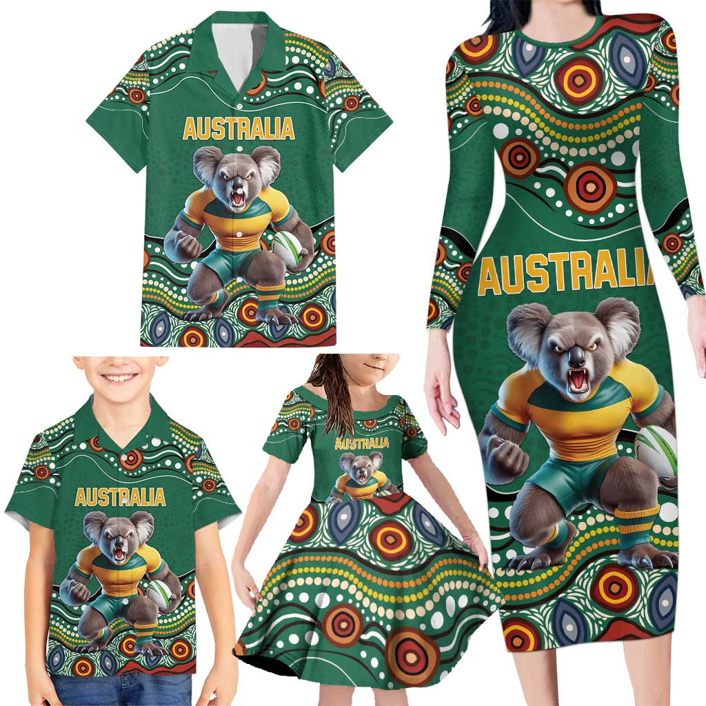 Custom Australia Rugby Family Matching Long Sleeve Bodycon Dress and Hawaiian Shirt Koala Mascot Aboriginal Pattern
