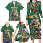 Custom Australia Rugby Family Matching Long Sleeve Bodycon Dress and Hawaiian Shirt Koala Mascot Aboriginal Pattern
