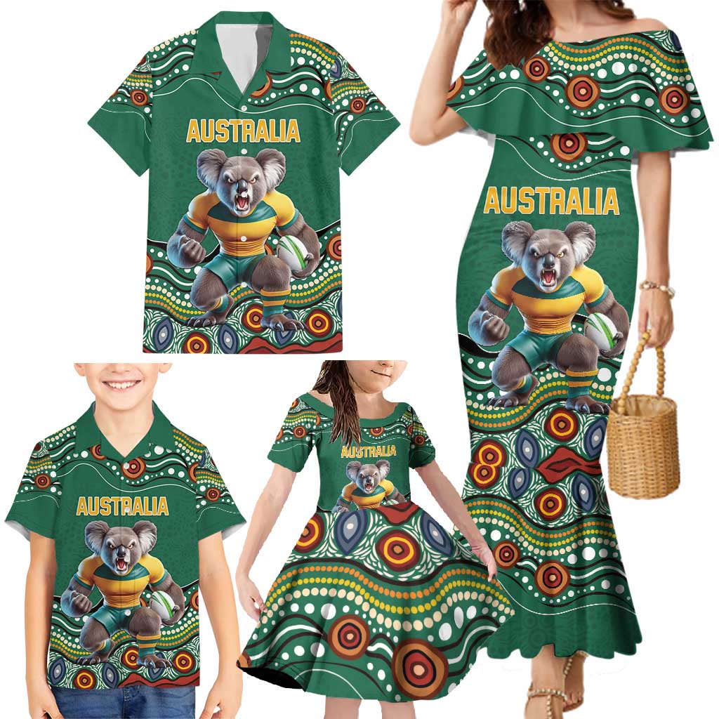 Custom Australia Rugby Family Matching Mermaid Dress and Hawaiian Shirt Koala Mascot Aboriginal Pattern