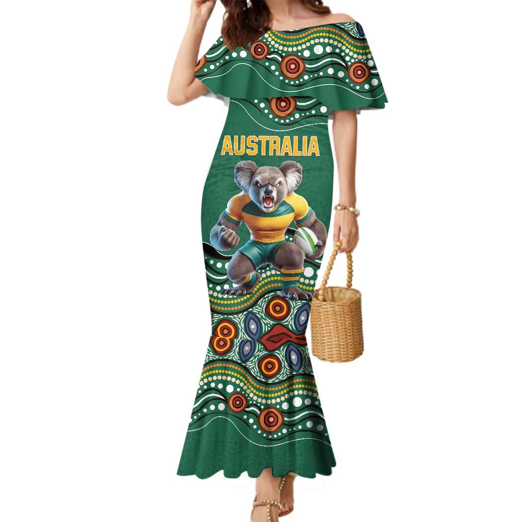 Custom Australia Rugby Family Matching Mermaid Dress and Hawaiian Shirt Koala Mascot Aboriginal Pattern