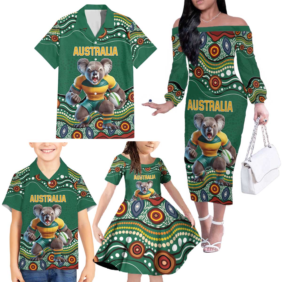 Custom Australia Rugby Family Matching Off The Shoulder Long Sleeve Dress and Hawaiian Shirt Koala Mascot Aboriginal Pattern