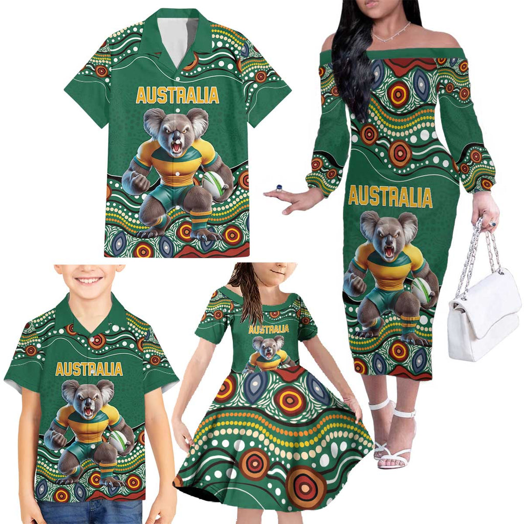 Custom Australia Rugby Family Matching Off The Shoulder Long Sleeve Dress and Hawaiian Shirt Koala Mascot Aboriginal Pattern