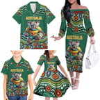 Custom Australia Rugby Family Matching Off The Shoulder Long Sleeve Dress and Hawaiian Shirt Koala Mascot Aboriginal Pattern