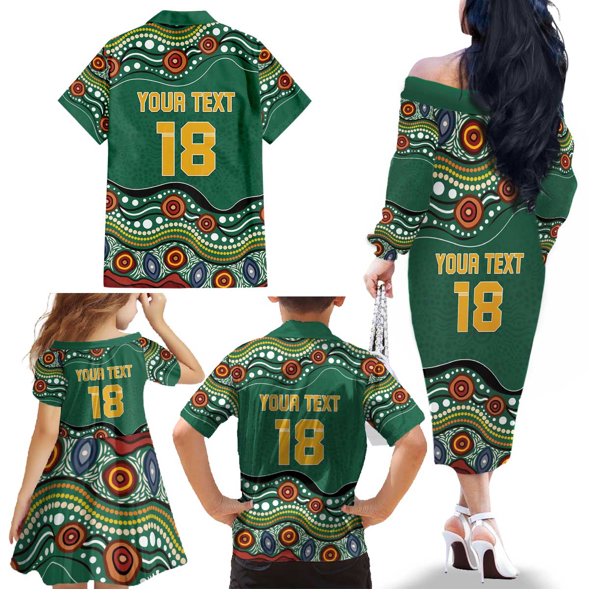 Custom Australia Rugby Family Matching Off The Shoulder Long Sleeve Dress and Hawaiian Shirt Koala Mascot Aboriginal Pattern