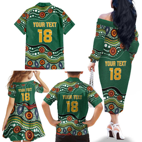 Custom Australia Rugby Family Matching Off The Shoulder Long Sleeve Dress and Hawaiian Shirt Koala Mascot Aboriginal Pattern