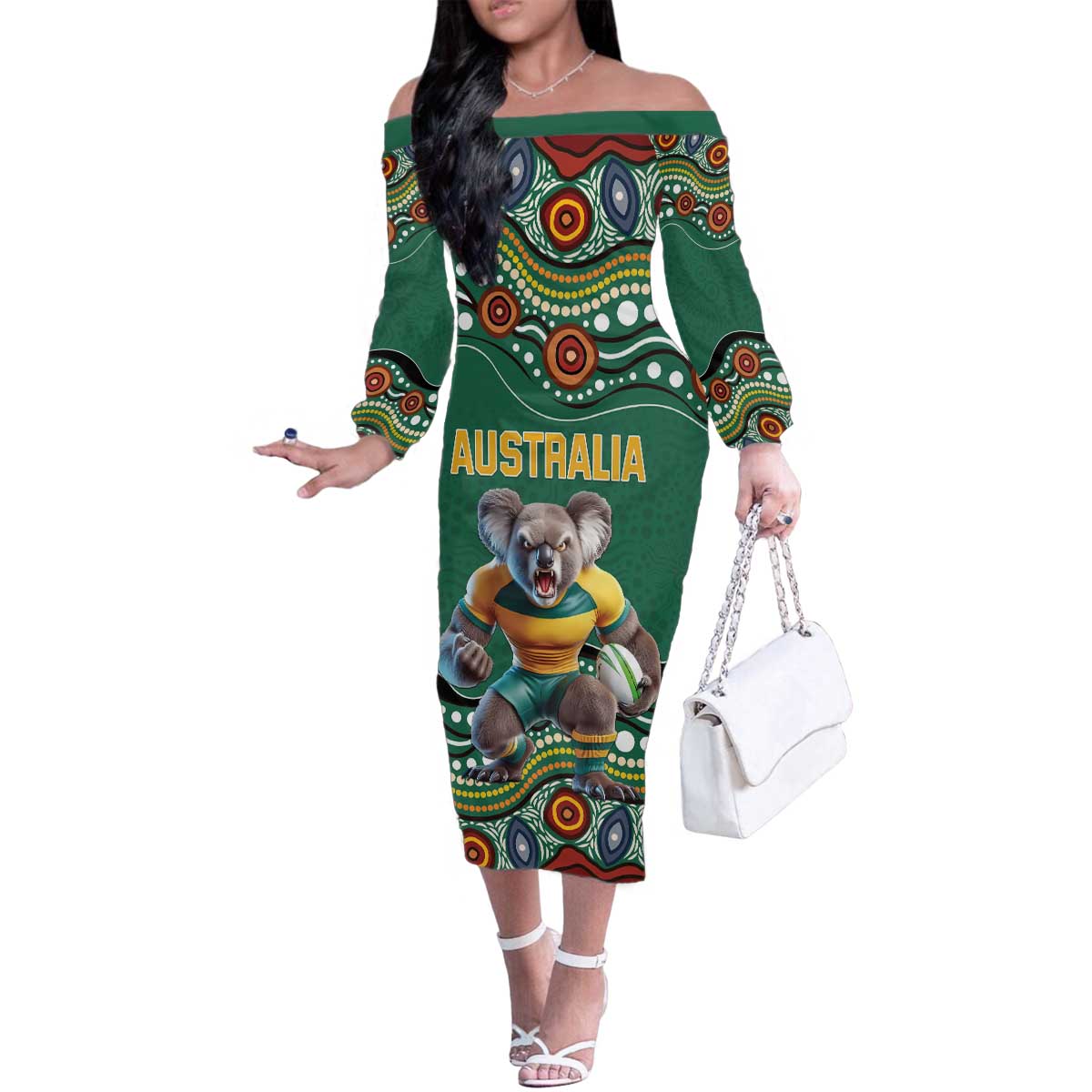 Custom Australia Rugby Family Matching Off The Shoulder Long Sleeve Dress and Hawaiian Shirt Koala Mascot Aboriginal Pattern