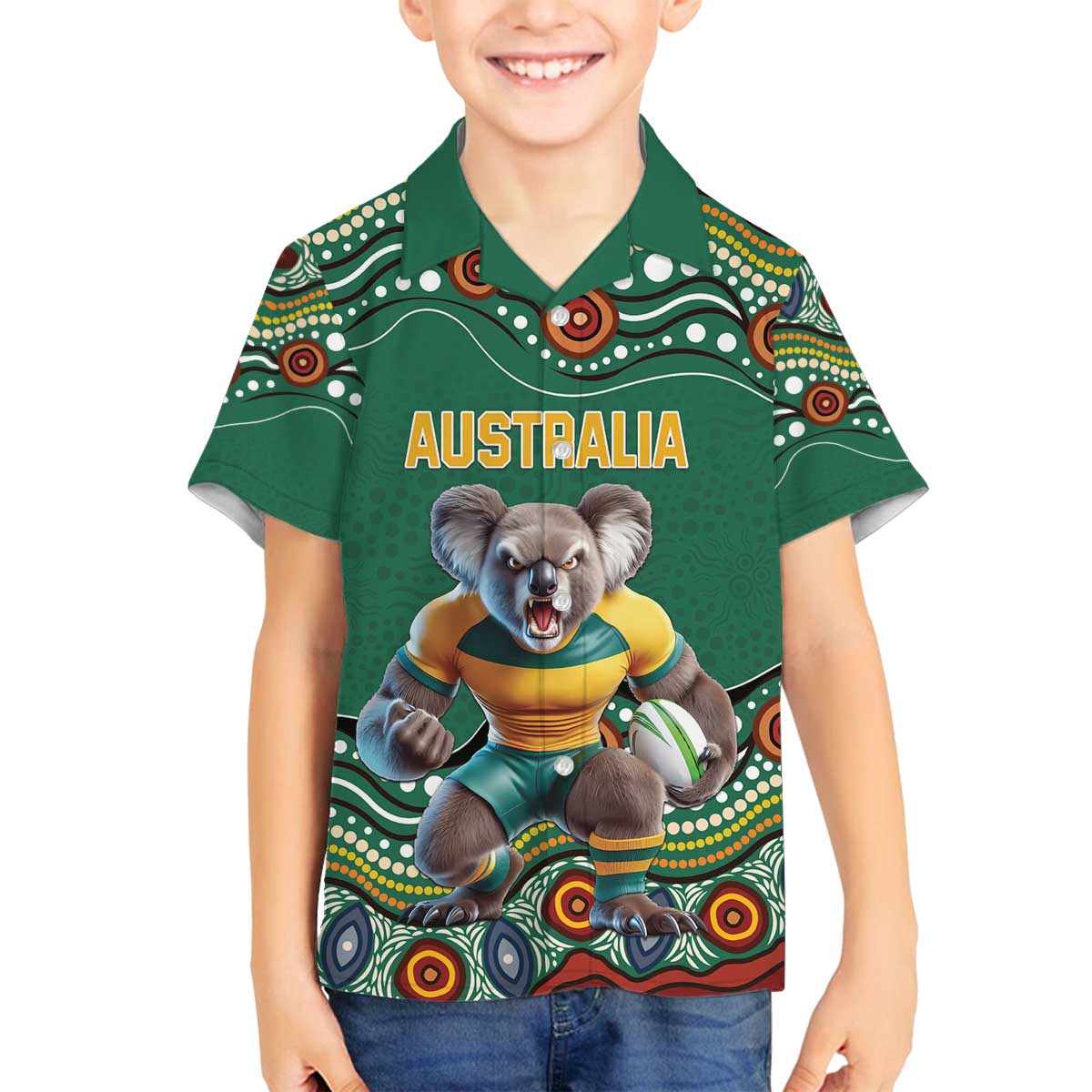 Custom Australia Rugby Family Matching Off The Shoulder Long Sleeve Dress and Hawaiian Shirt Koala Mascot Aboriginal Pattern