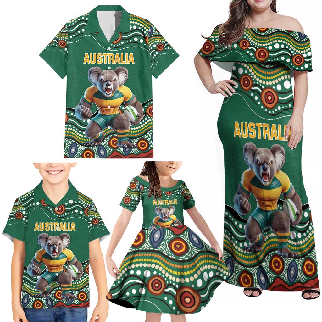 Custom Australia Rugby Family Matching Off Shoulder Maxi Dress and Hawaiian Shirt Koala Mascot Aboriginal Pattern