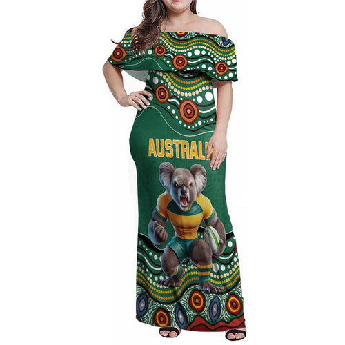 Custom Australia Rugby Family Matching Off Shoulder Maxi Dress and Hawaiian Shirt Koala Mascot Aboriginal Pattern