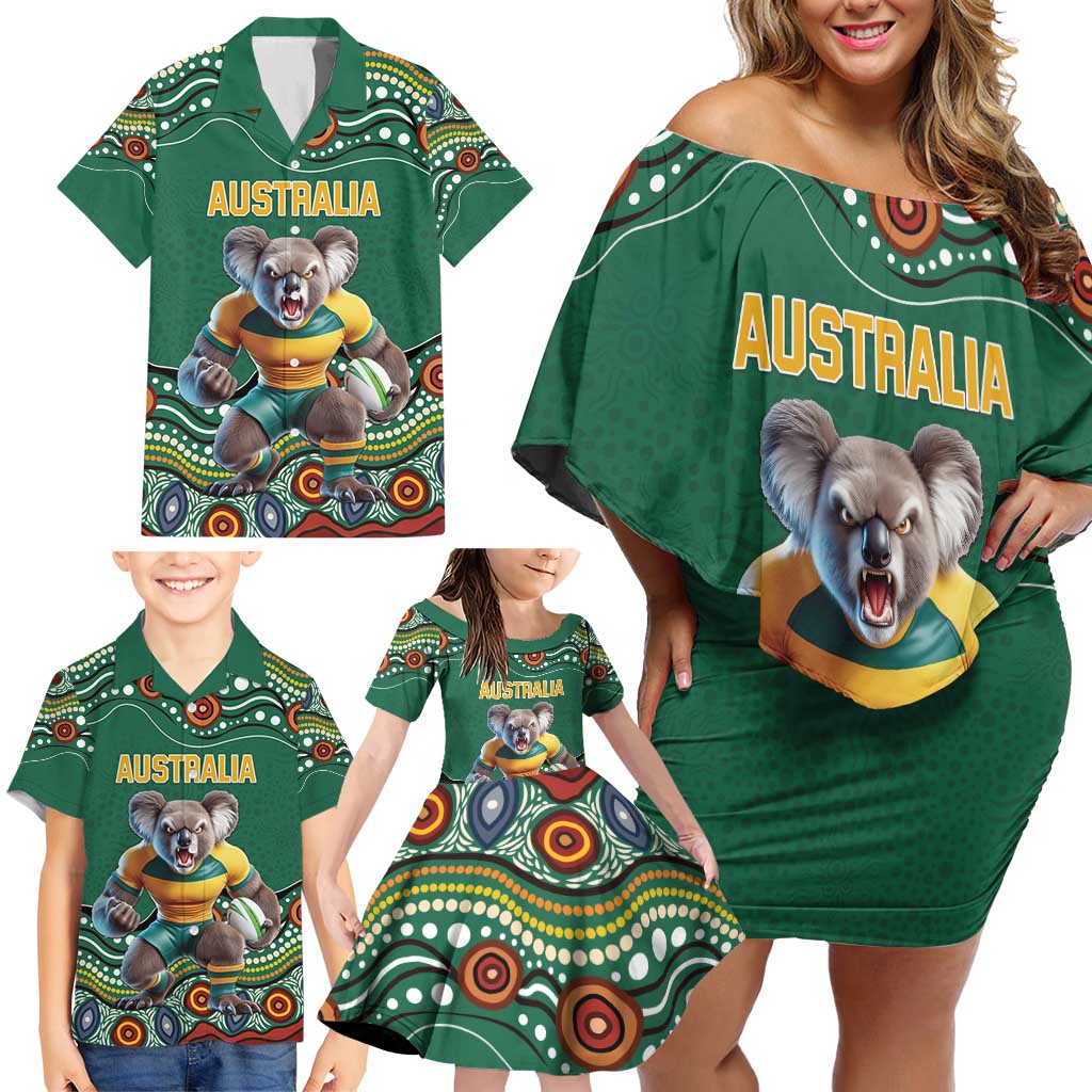 Custom Australia Rugby Family Matching Off Shoulder Short Dress and Hawaiian Shirt Koala Mascot Aboriginal Pattern