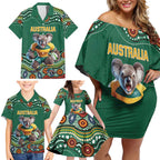 Custom Australia Rugby Family Matching Off Shoulder Short Dress and Hawaiian Shirt Koala Mascot Aboriginal Pattern