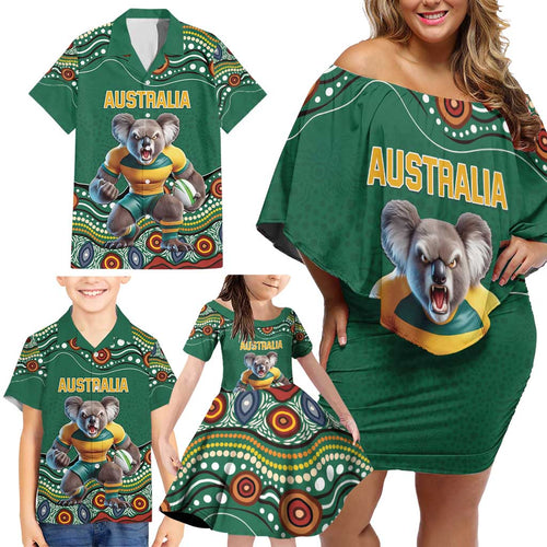 Custom Australia Rugby Family Matching Off Shoulder Short Dress and Hawaiian Shirt Koala Mascot Aboriginal Pattern