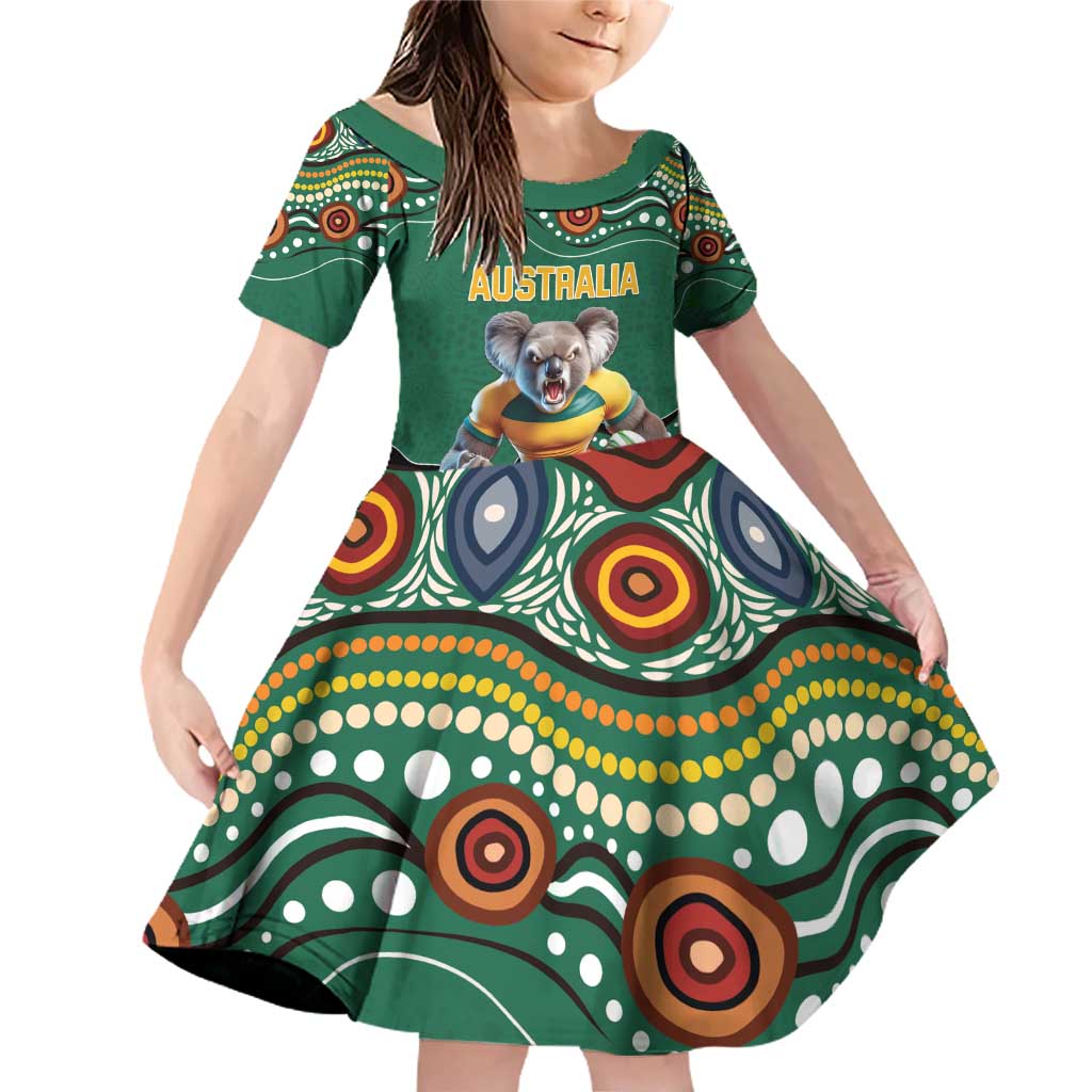 Custom Australia Rugby Family Matching Off Shoulder Short Dress and Hawaiian Shirt Koala Mascot Aboriginal Pattern