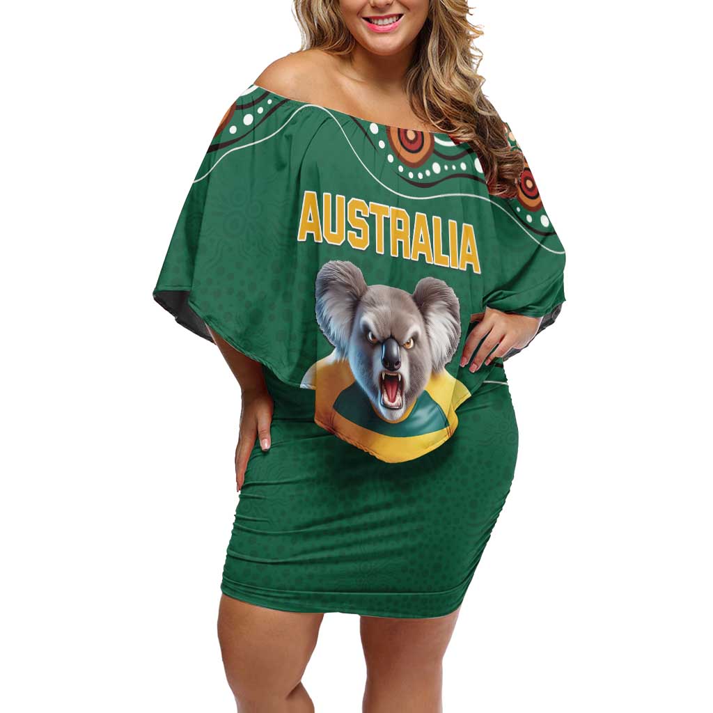 Custom Australia Rugby Family Matching Off Shoulder Short Dress and Hawaiian Shirt Koala Mascot Aboriginal Pattern