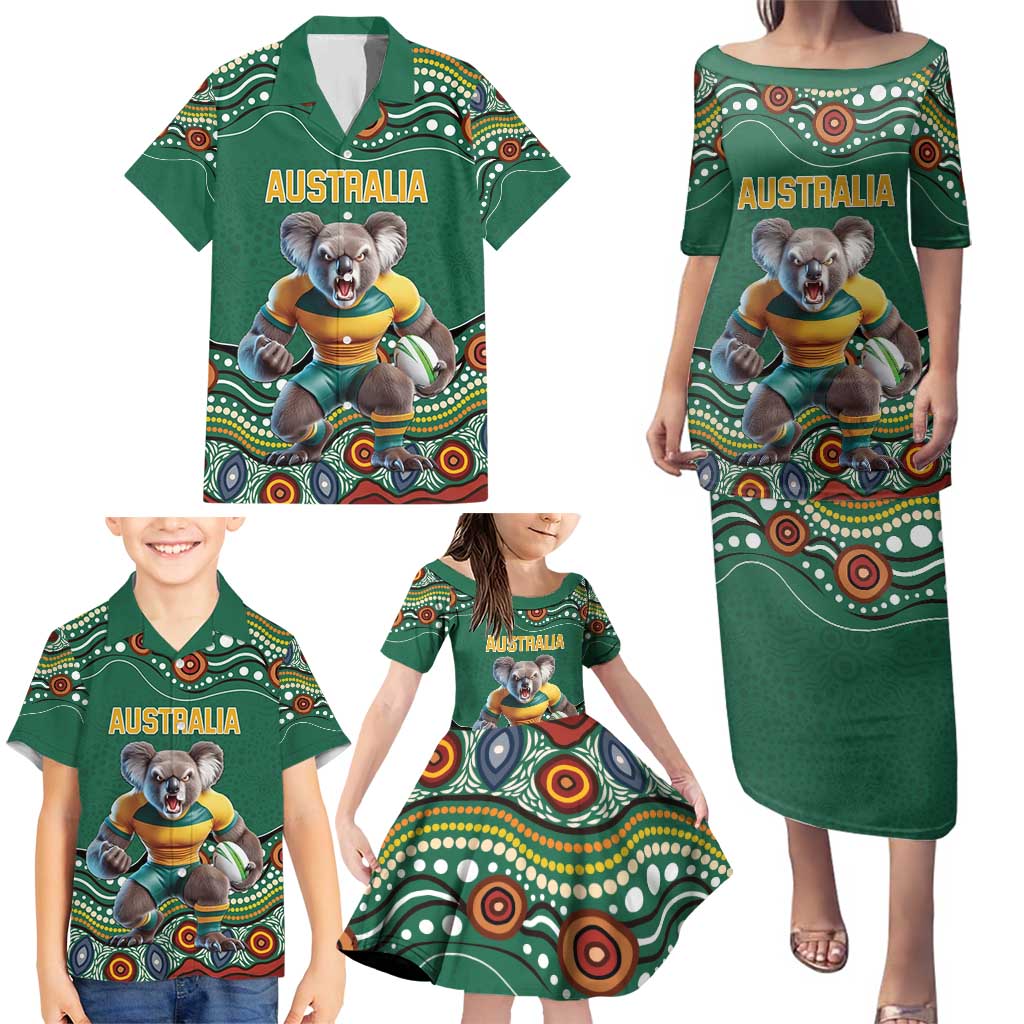 Custom Australia Rugby Family Matching Puletasi and Hawaiian Shirt Koala Mascot Aboriginal Pattern