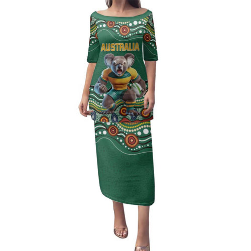 Custom Australia Rugby Family Matching Puletasi and Hawaiian Shirt Koala Mascot Aboriginal Pattern
