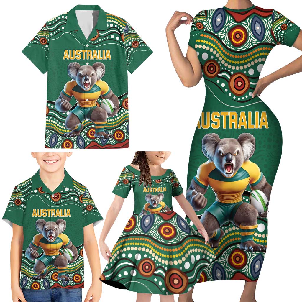 Custom Australia Rugby Family Matching Short Sleeve Bodycon Dress and Hawaiian Shirt Koala Mascot Aboriginal Pattern