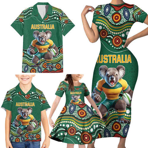 Custom Australia Rugby Family Matching Short Sleeve Bodycon Dress and Hawaiian Shirt Koala Mascot Aboriginal Pattern