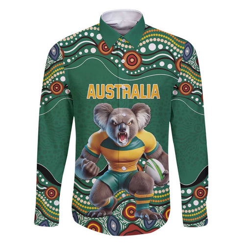 Custom Australia Rugby Family Matching Short Sleeve Bodycon Dress and Hawaiian Shirt Koala Mascot Aboriginal Pattern